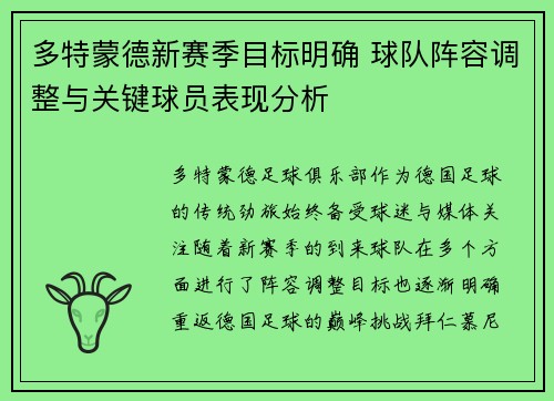 多特蒙德新赛季目标明确 球队阵容调整与关键球员表现分析 多特蒙德新赛季目标明确 球队阵容调整与关键球员表现分析