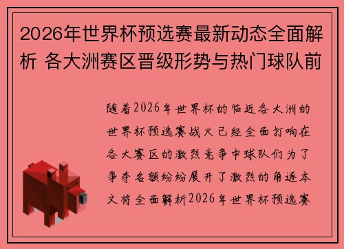 2026年世界杯预选赛最新动态全面解析 各大洲赛区晋级形势与热门球队前景 2026年世界杯预选赛最新动态全面解析 各大洲赛区晋级形势与热门球队前景